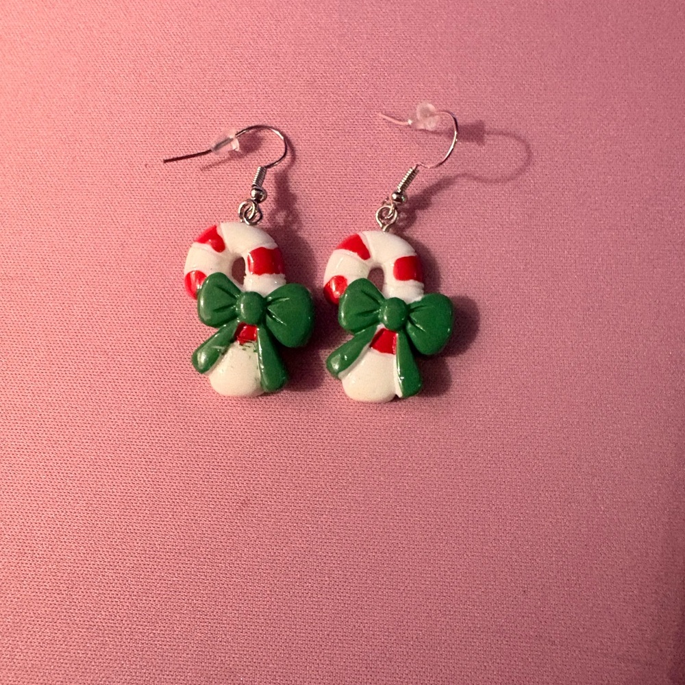 Hand Painted Festive Candy Cane Earrings